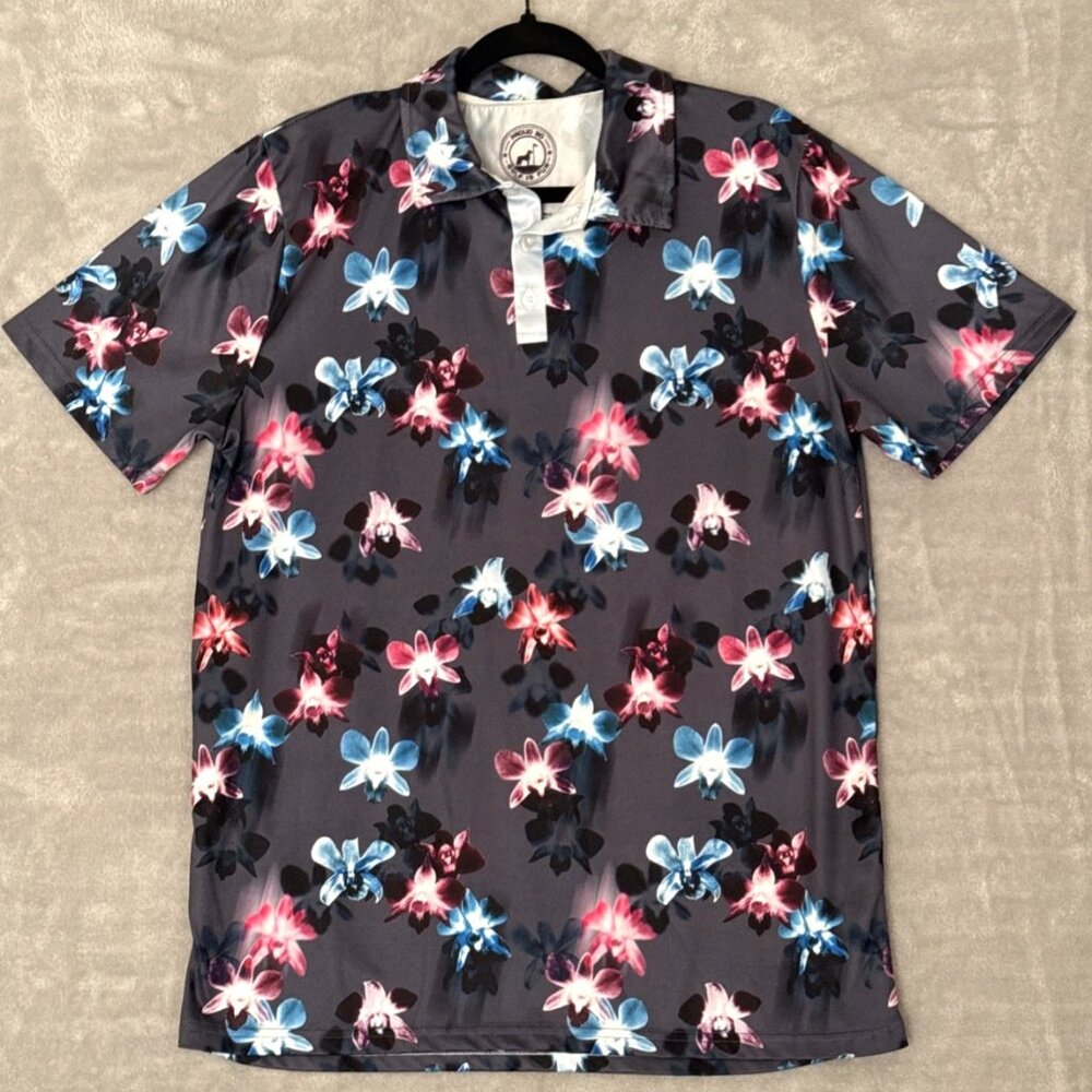 Proud 90 Golf Polo Shirt Mens M Floral Hawaiian Tropical Colorful Unique Stretch